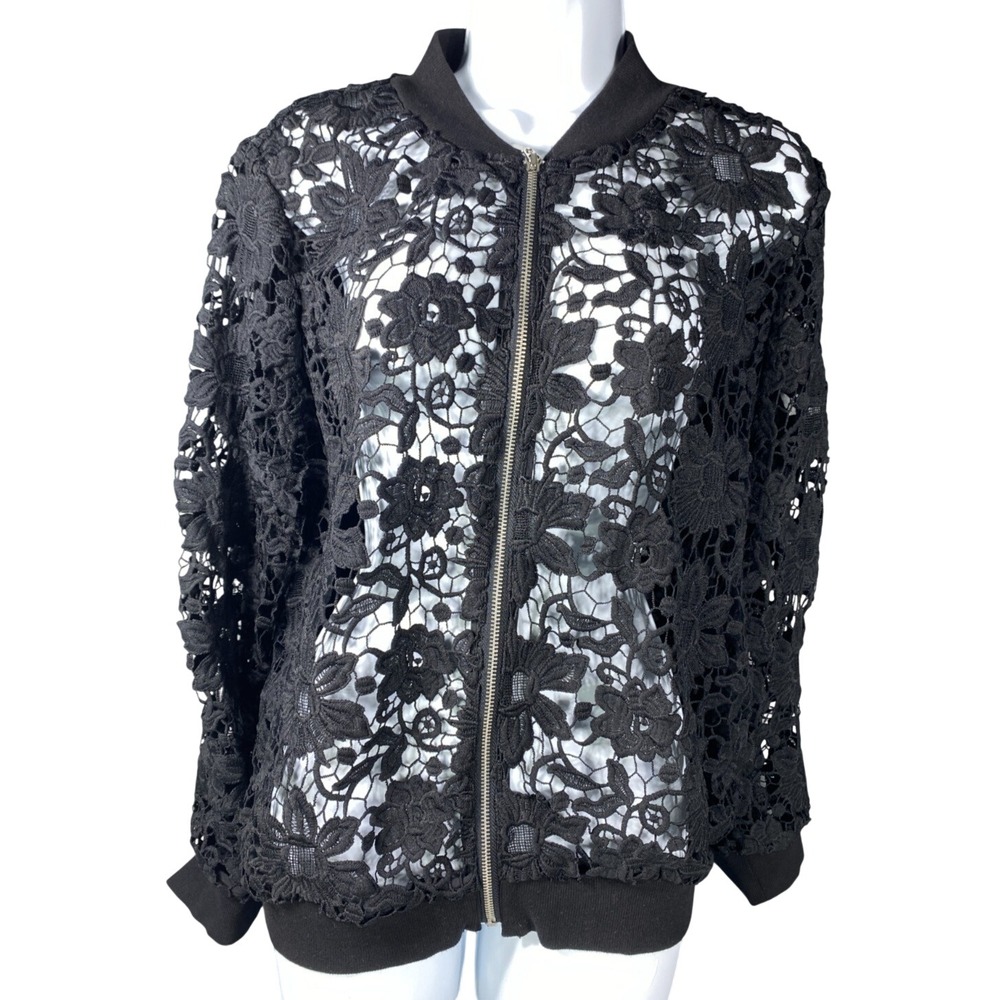 Chicos Floral Lace Bomber Jacket Womens Size 2 Black Full Zip Layer Goth Floral